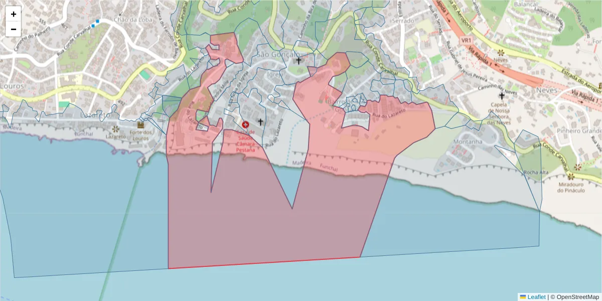 Mapa detalhado do código postal 9060-021 com limites, códigos postais vizinhos e agências dos correios