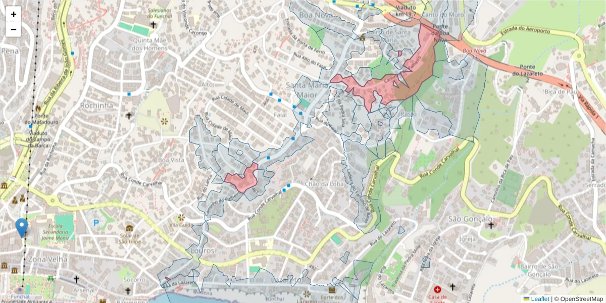 Mapa detalhado do código postal 9060-024 com limites, códigos postais vizinhos e agências dos correios