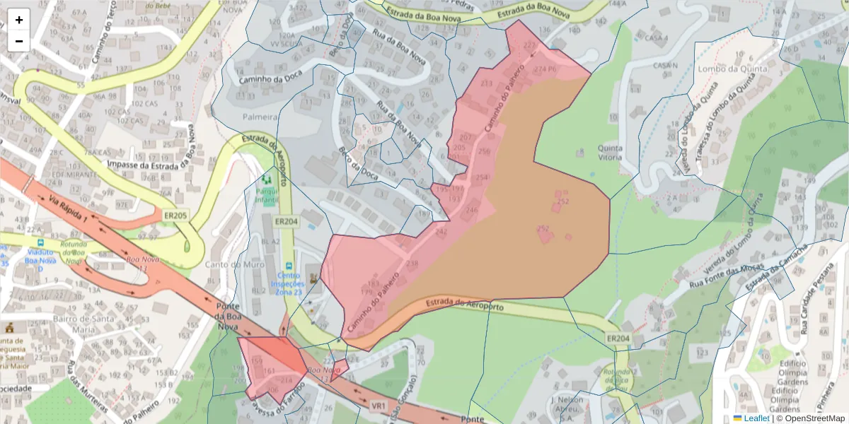 Mapa detalhado do código postal 9060-025 com limites, códigos postais vizinhos e agências dos correios