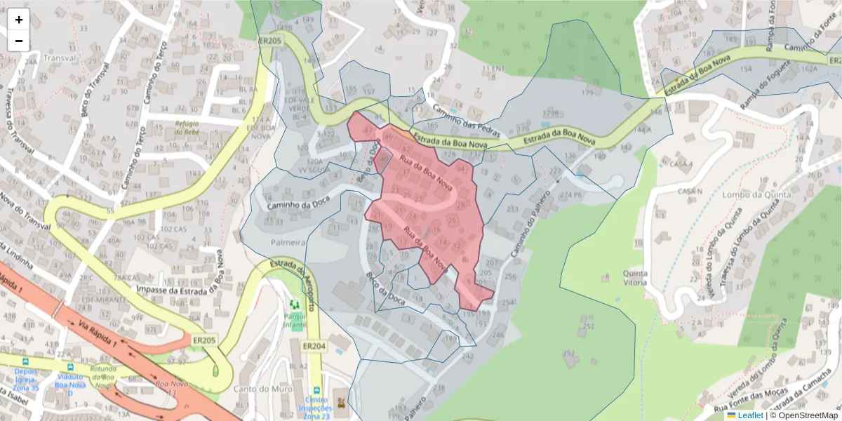 Mapa detalhado do código postal 9060-026 com limites, códigos postais vizinhos e agências dos correios