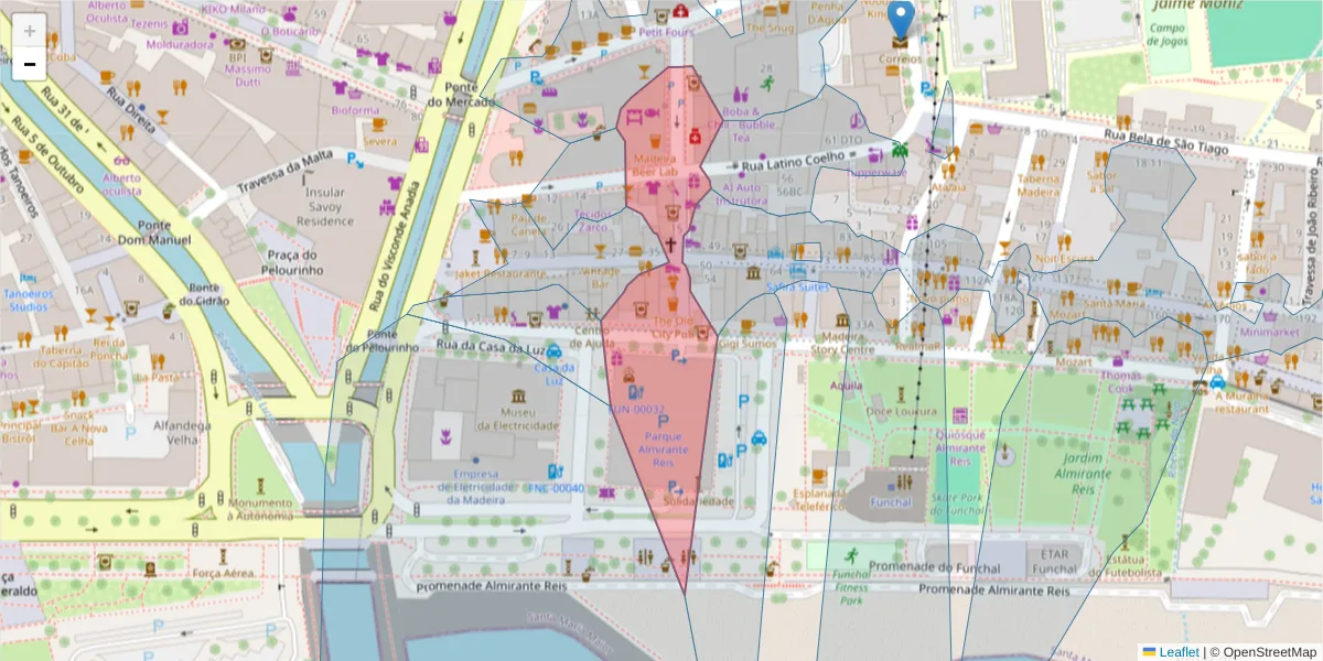 Mapa detalhado do código postal 9060-027 com limites, códigos postais vizinhos e agências dos correios