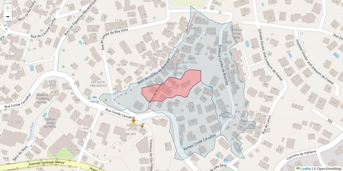 Mapa detalhado do código postal 9060-028 com limites, códigos postais vizinhos e agências dos correios