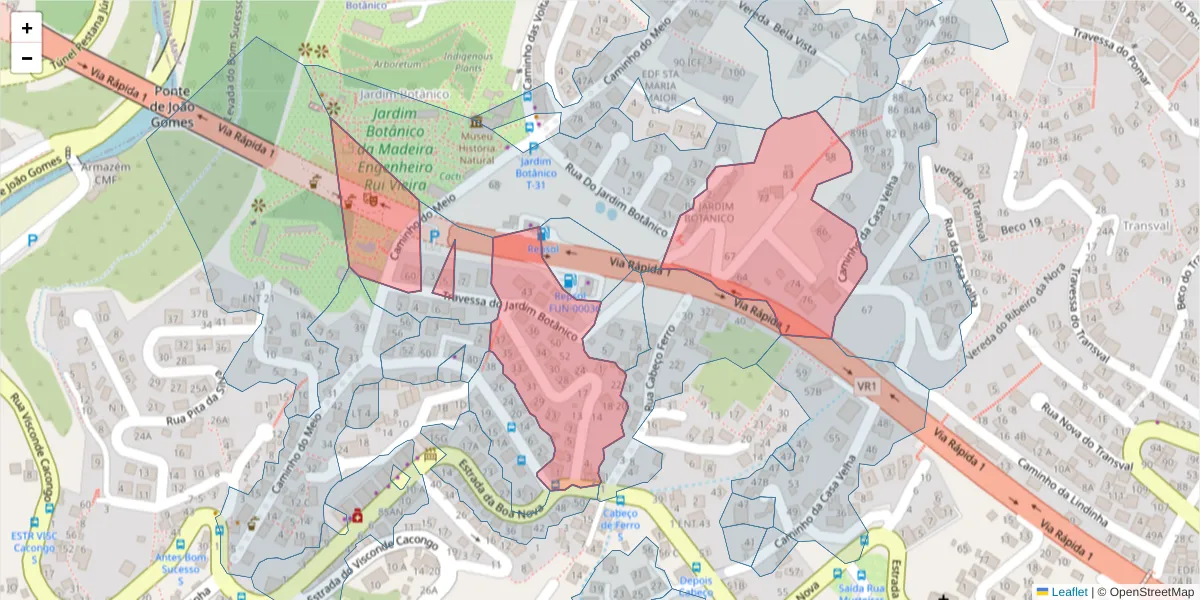 Mapa detalhado do código postal 9060-030 com limites, códigos postais vizinhos e agências dos correios