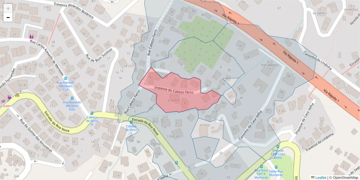 Mapa detalhado do código postal 9060-033 com limites, códigos postais vizinhos e agências dos correios