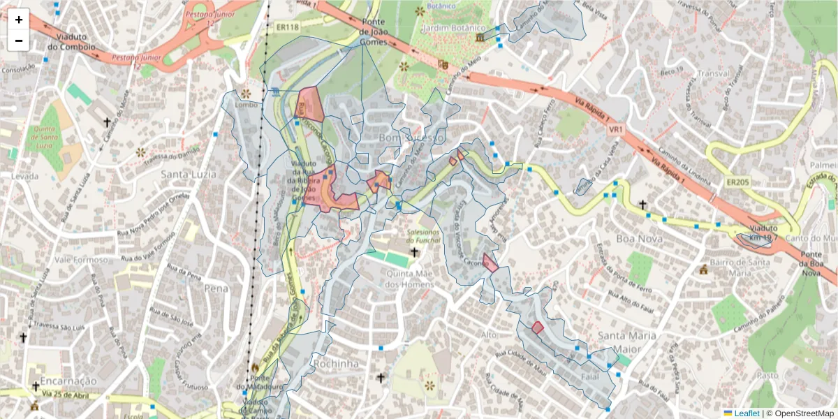 Mapa detalhado do código postal 9060-036 com limites, códigos postais vizinhos e agências dos correios