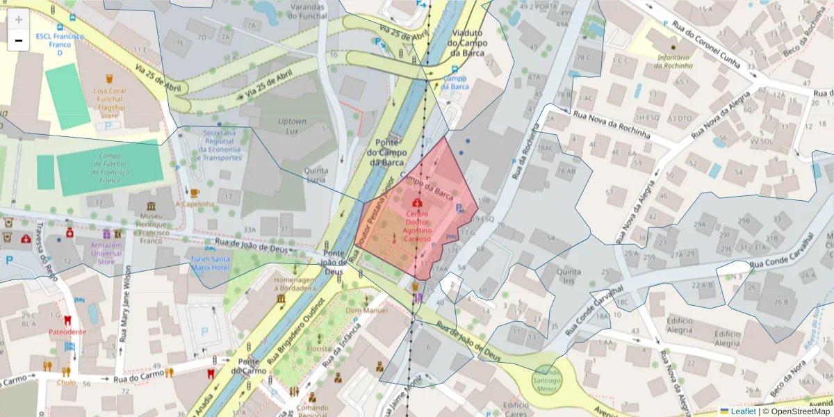 Mapa detalhado do código postal 9060-040 com limites, códigos postais vizinhos e agências dos correios