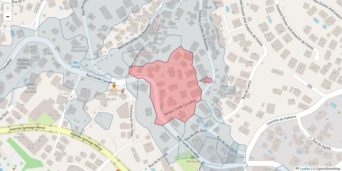 Mapa detalhado do código postal 9060-055 com limites, códigos postais vizinhos e agências dos correios