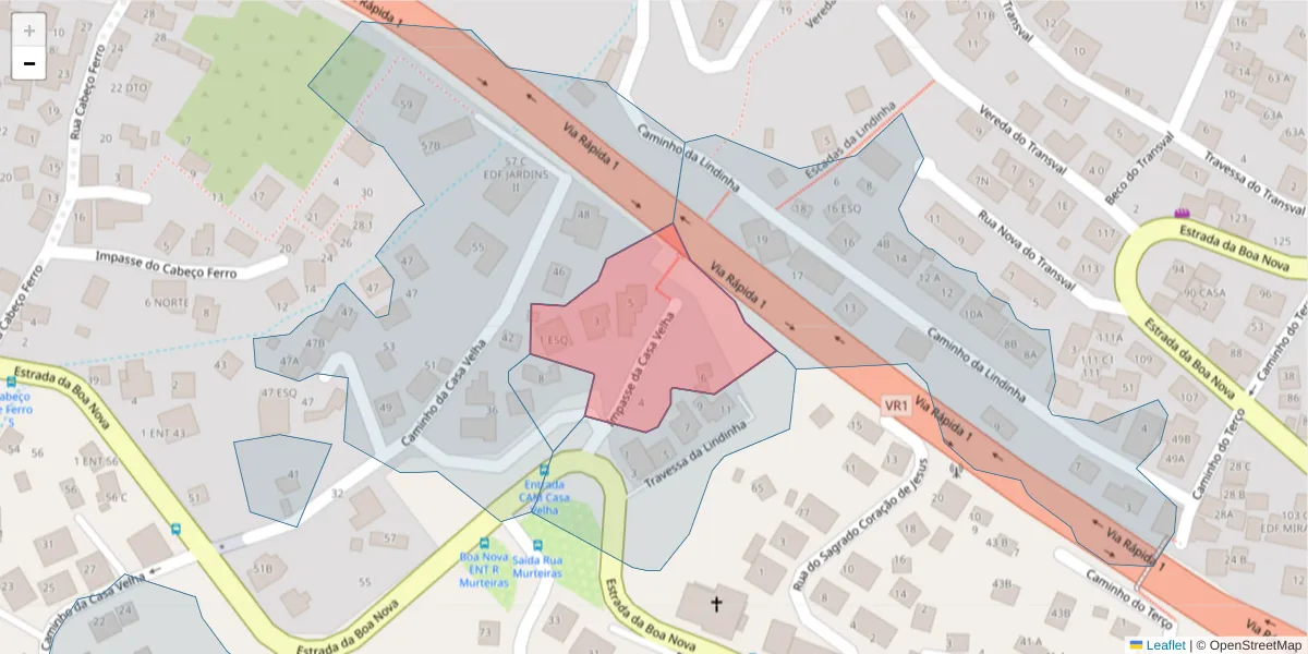 Mapa detalhado do código postal 9060-059 com limites, códigos postais vizinhos e agências dos correios