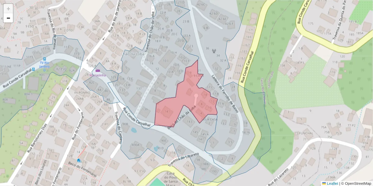 Mapa detalhado do código postal 9060-064 com limites, códigos postais vizinhos e agências dos correios