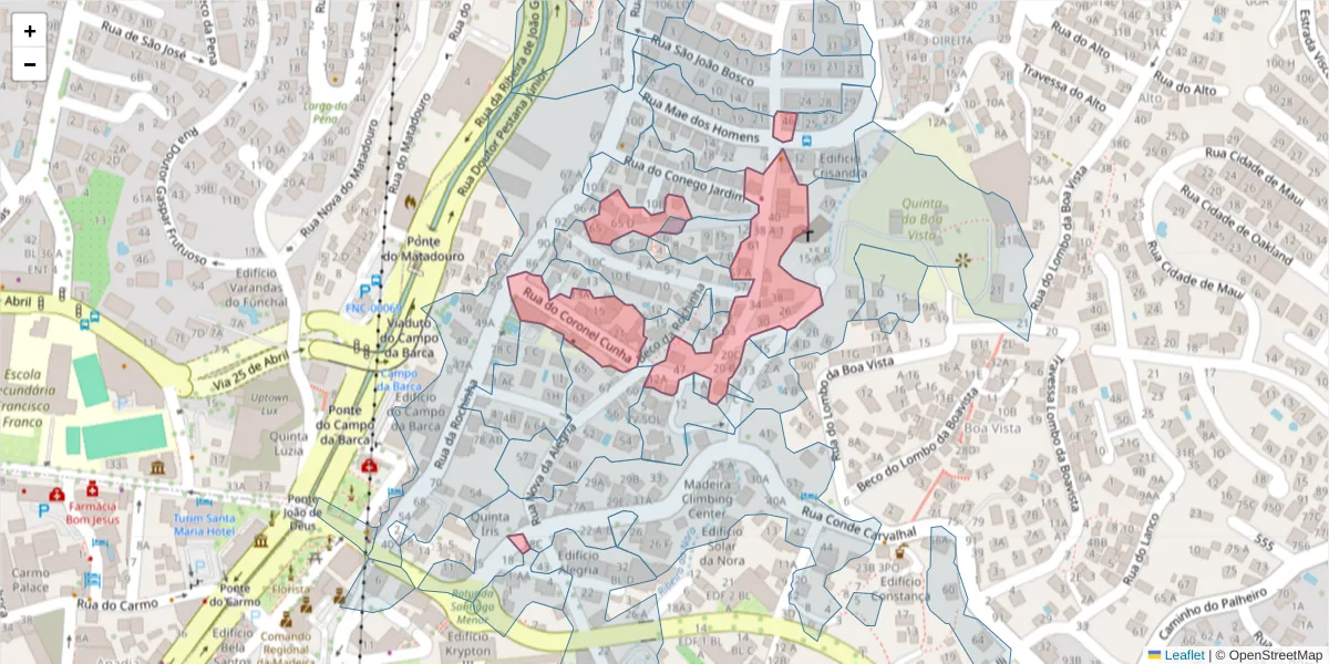 Mapa detalhado do código postal 9060-082 com limites, códigos postais vizinhos e agências dos correios
