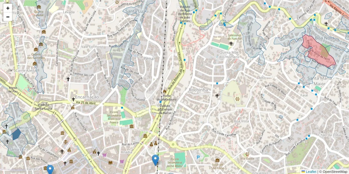 Mapa detalhado do código postal 9060-096 com limites, códigos postais vizinhos e agências dos correios