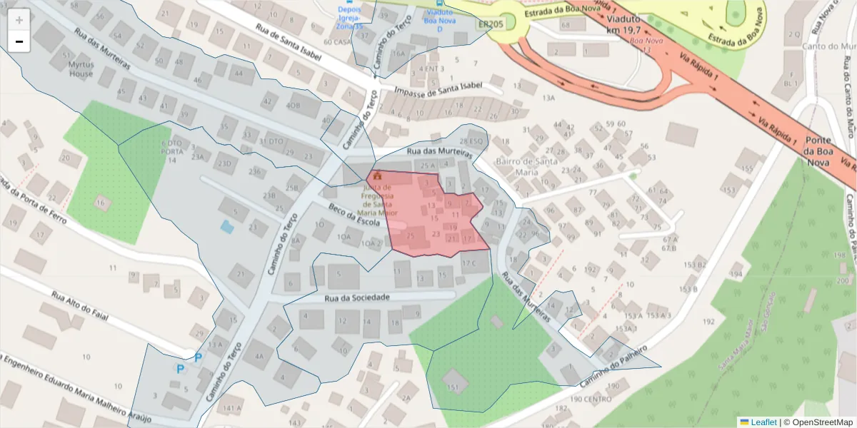 Mapa detalhado do código postal 9060-099 com limites, códigos postais vizinhos e agências dos correios