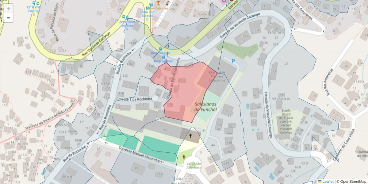 Mapa detalhado do código postal 9060-100 com limites, códigos postais vizinhos e agências dos correios