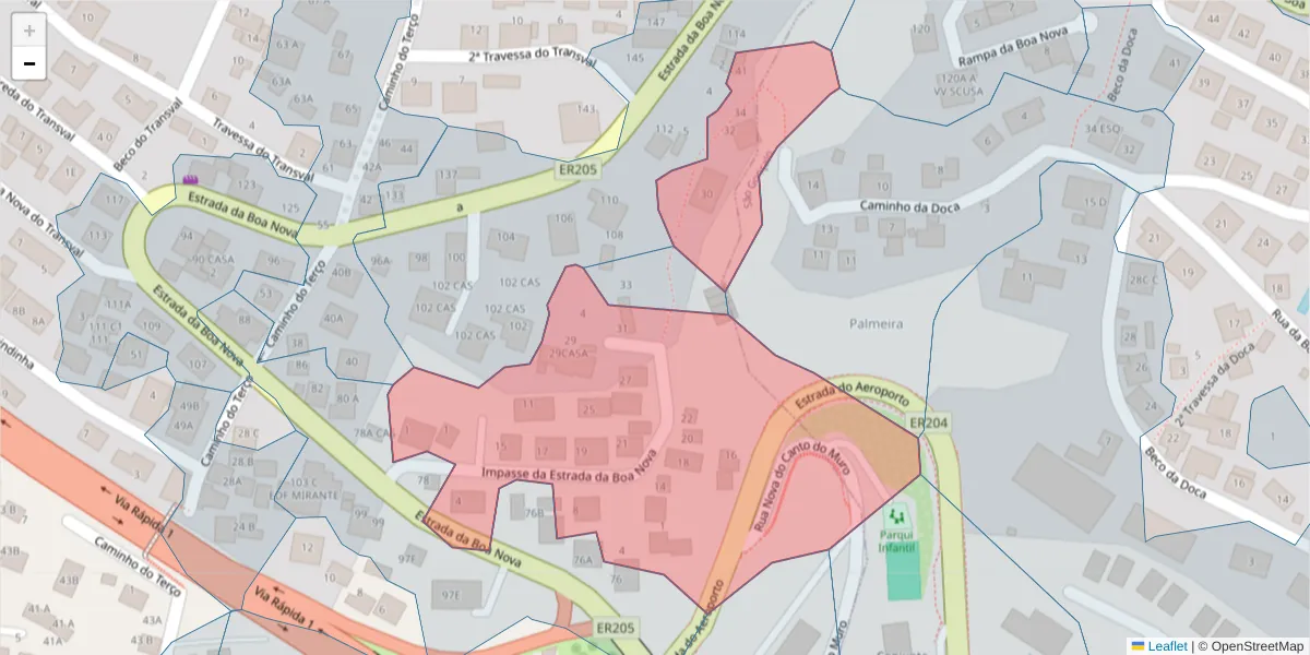 Mapa detalhado do código postal 9060-102 com limites, códigos postais vizinhos e agências dos correios