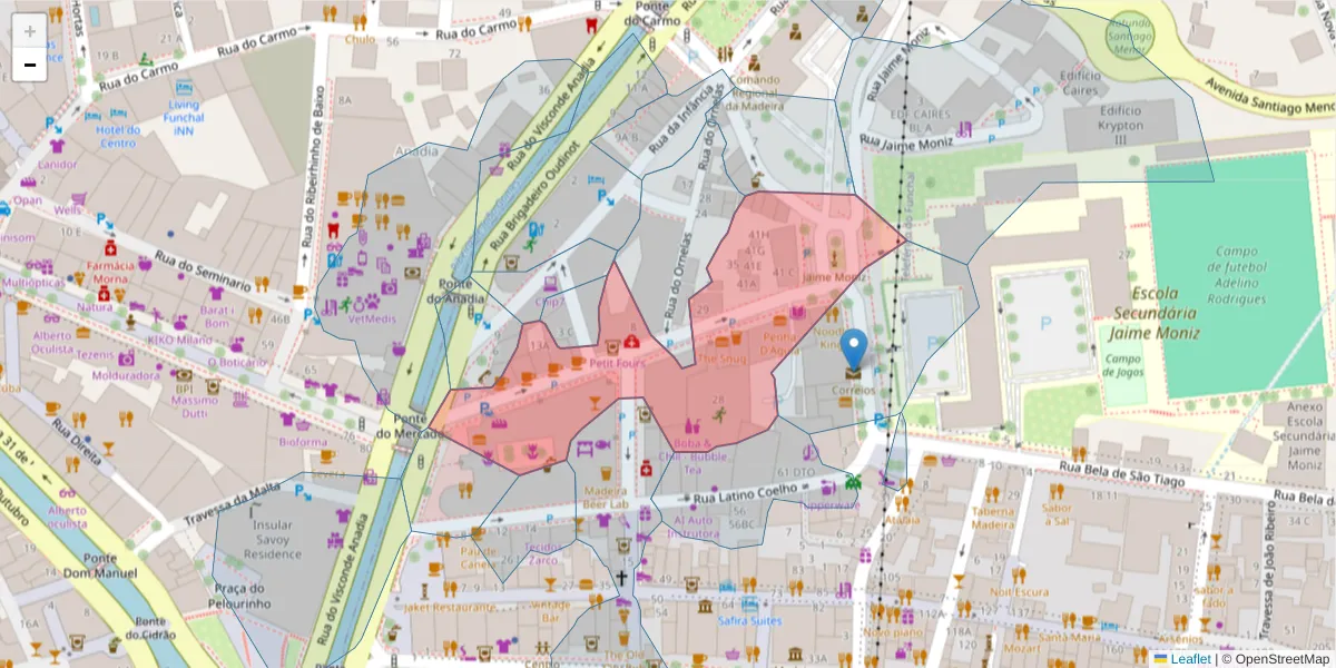 Mapa detalhado do código postal 9060-129 com limites, códigos postais vizinhos e agências dos correios