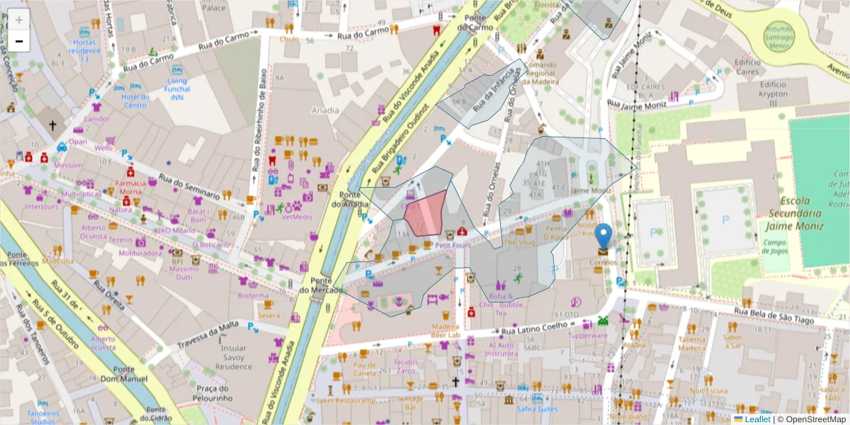 Mapa detalhado do código postal 9060-132 com limites, códigos postais vizinhos e agências dos correios