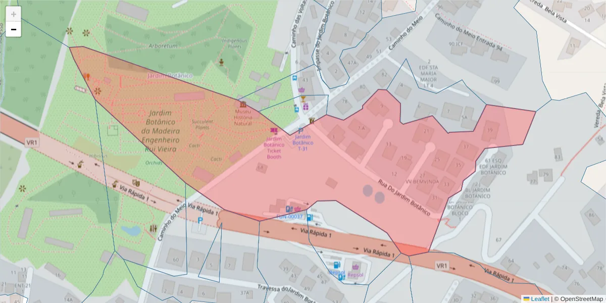 Mapa detalhado do código postal 9060-135 com limites, códigos postais vizinhos e agências dos correios