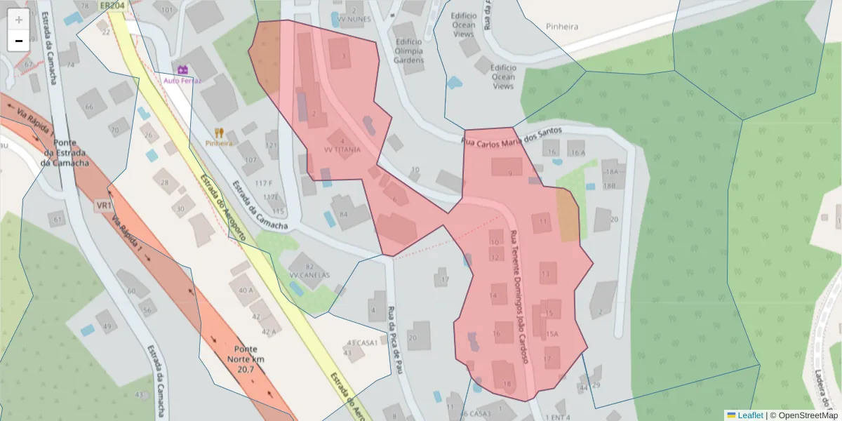 Mapa detalhado do código postal 9060-138 com limites, códigos postais vizinhos e agências dos correios