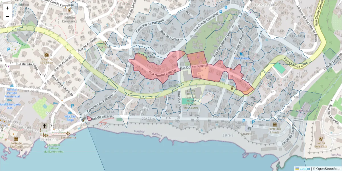 Mapa detalhado do código postal 9060-147 com limites, códigos postais vizinhos e agências dos correios