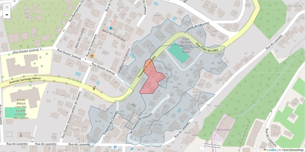 Mapa detalhado do código postal 9060-159 com limites, códigos postais vizinhos e agências dos correios