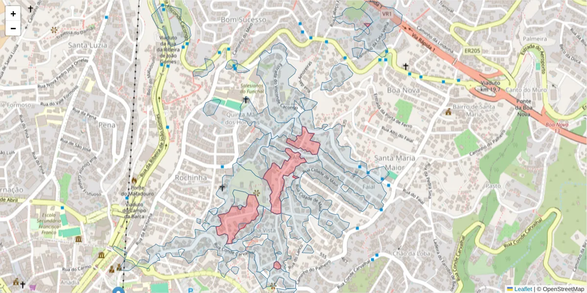 Mapa detalhado do código postal 9060-173 com limites, códigos postais vizinhos e agências dos correios