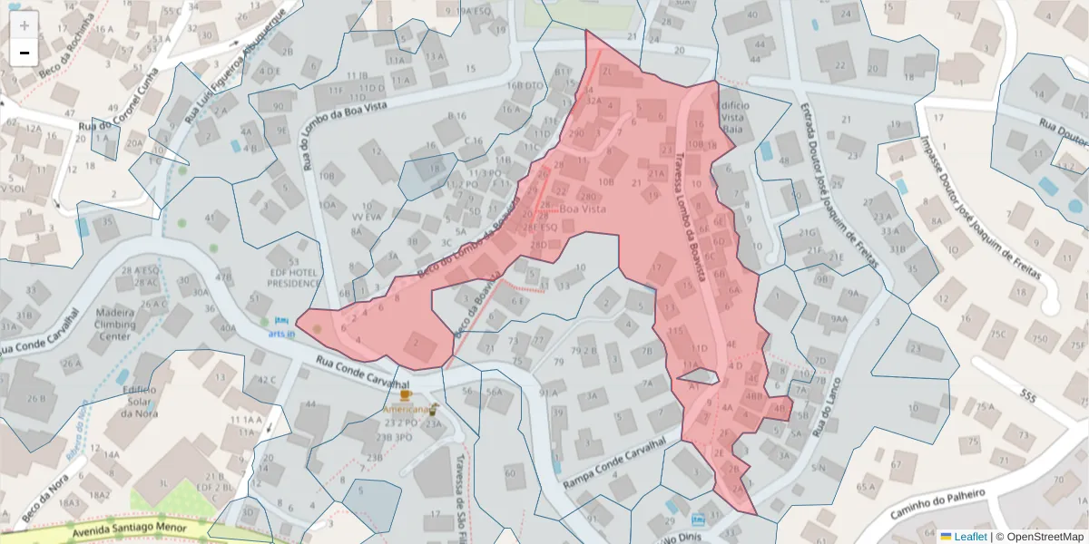 Mapa detalhado do código postal 9060-174 com limites, códigos postais vizinhos e agências dos correios