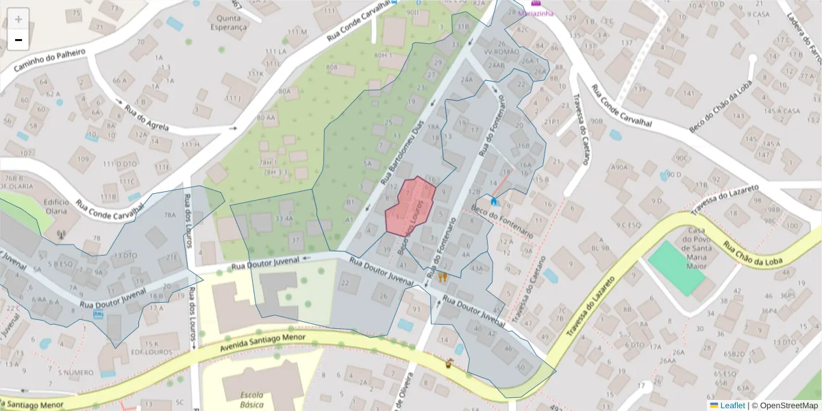 Mapa detalhado do código postal 9060-179 com limites, códigos postais vizinhos e agências dos correios
