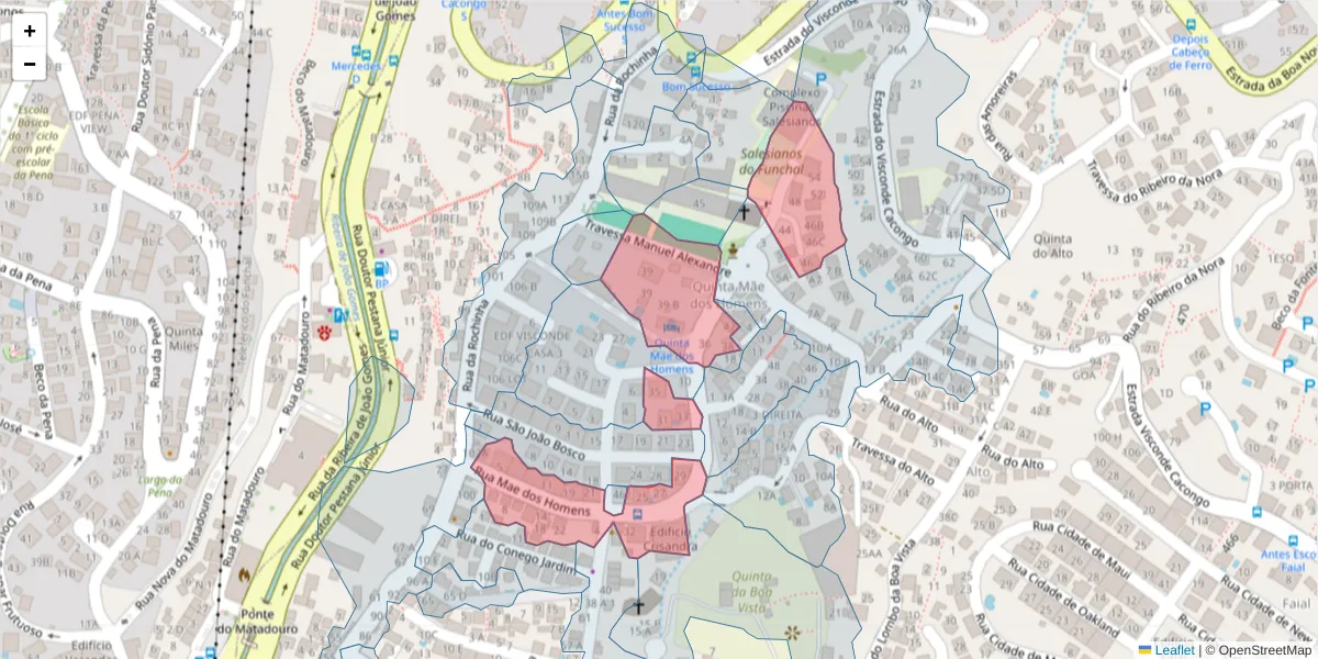 Mapa detalhado do código postal 9060-185 com limites, códigos postais vizinhos e agências dos correios