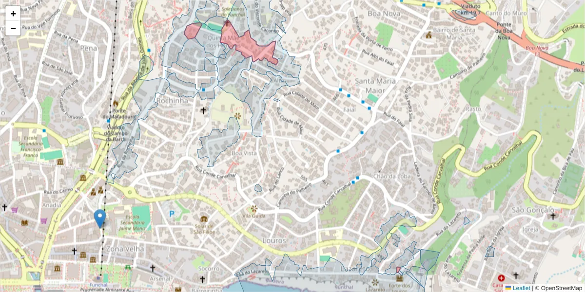 Mapa detalhado do código postal 9060-189 com limites, códigos postais vizinhos e agências dos correios