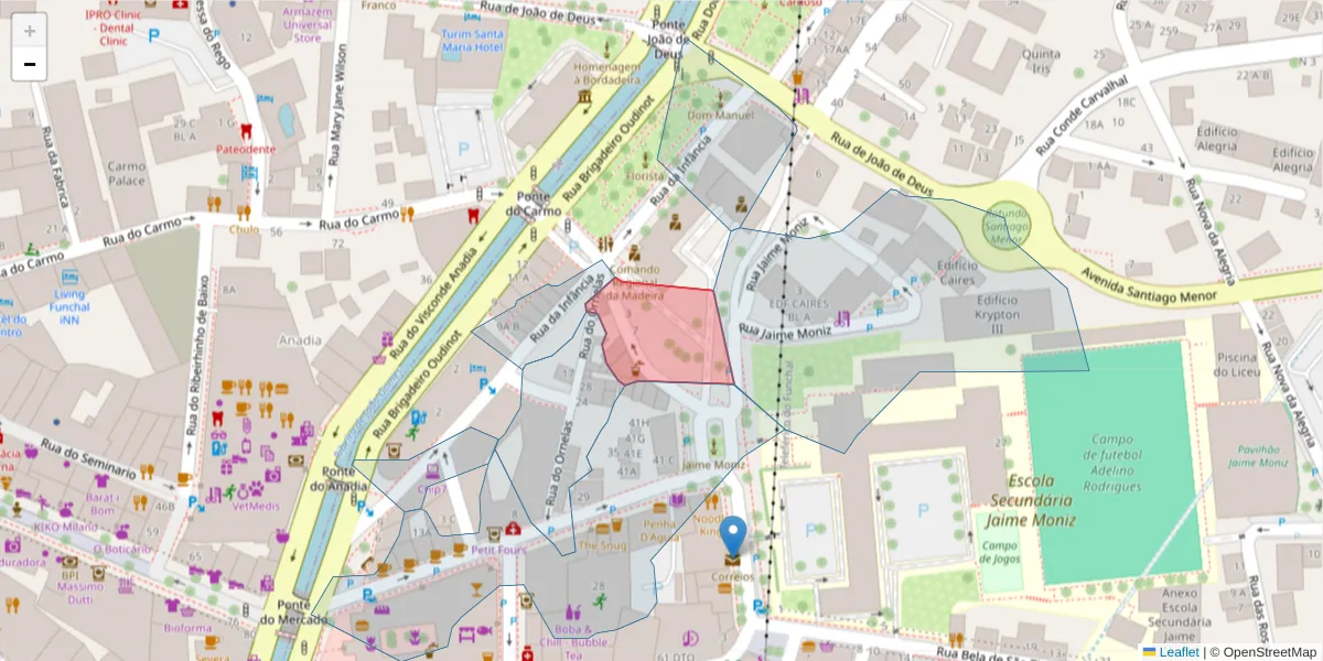 Mapa detalhado do código postal 9060-195 com limites, códigos postais vizinhos e agências dos correios