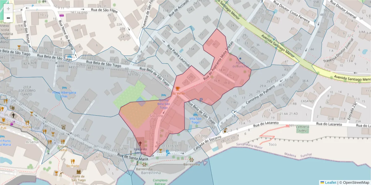 Mapa detalhado do código postal 9060-197 com limites, códigos postais vizinhos e agências dos correios
