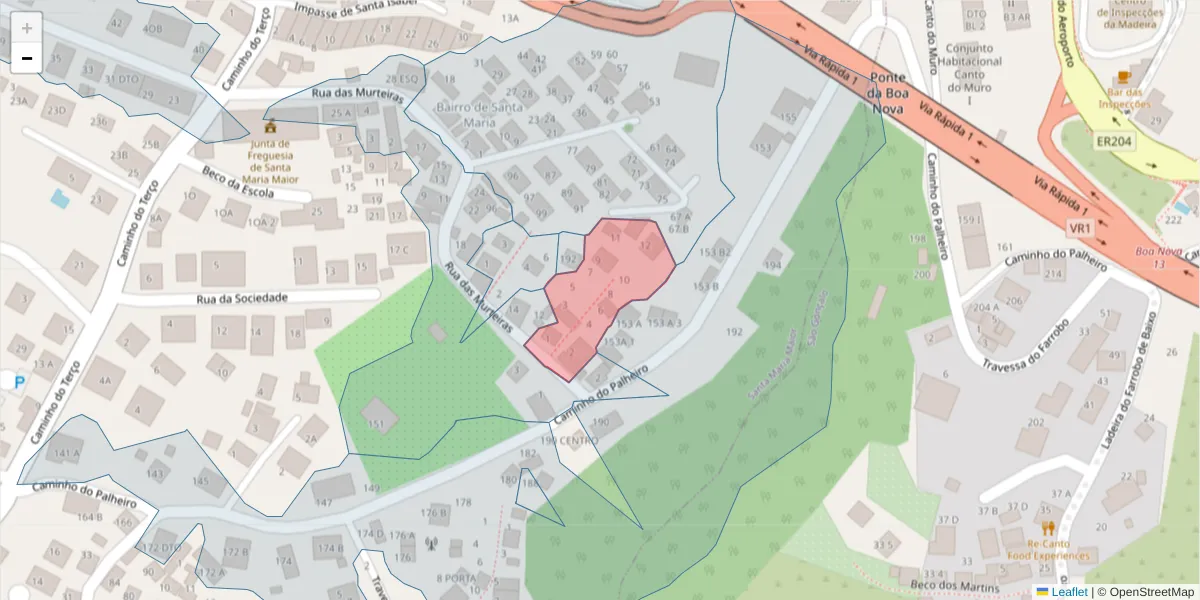 Mapa detalhado do código postal 9060-200 com limites, códigos postais vizinhos e agências dos correios
