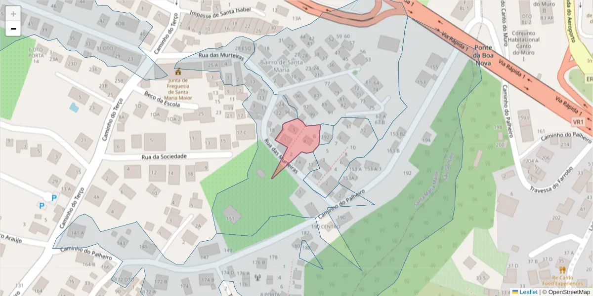 Mapa detalhado do código postal 9060-201 com limites, códigos postais vizinhos e agências dos correios