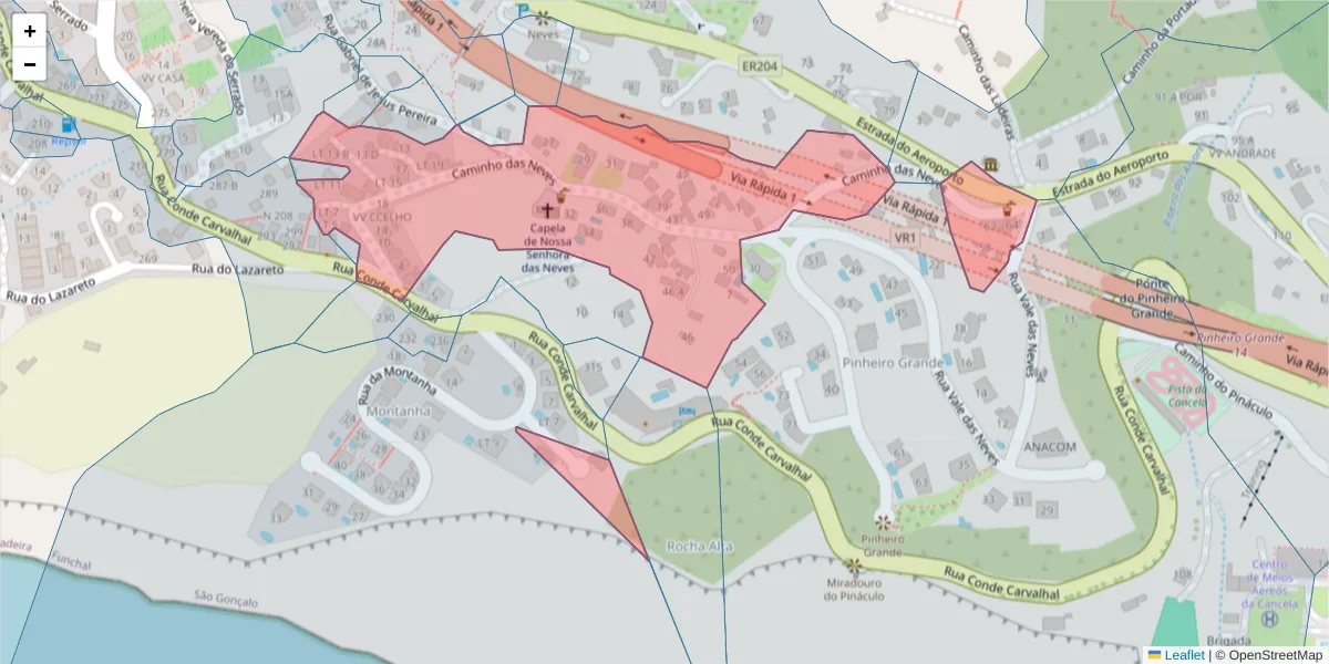 Mapa detalhado do código postal 9060-202 com limites, códigos postais vizinhos e agências dos correios