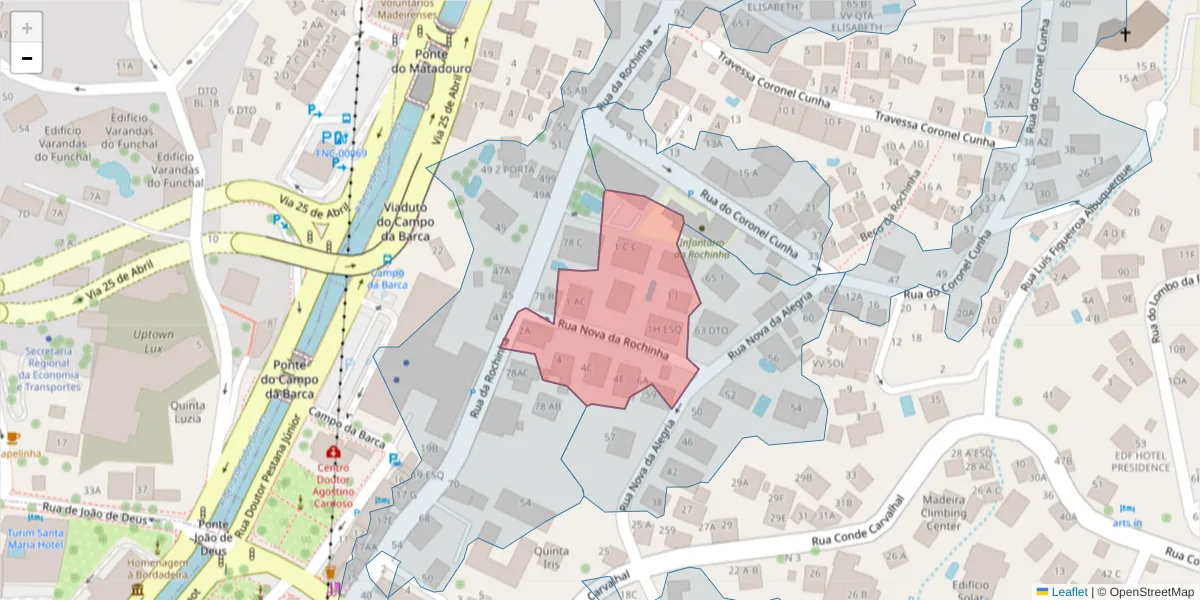 Mapa detalhado do código postal 9060-207 com limites, códigos postais vizinhos e agências dos correios