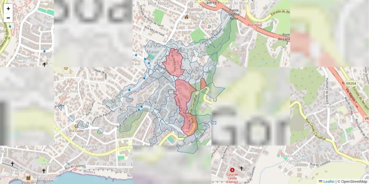 Mapa detalhado do código postal 9060-222 com limites, códigos postais vizinhos e agências dos correios