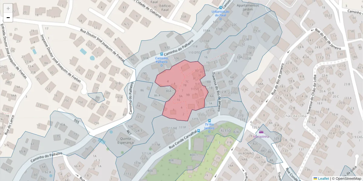 Mapa detalhado do código postal 9060-228 com limites, códigos postais vizinhos e agências dos correios
