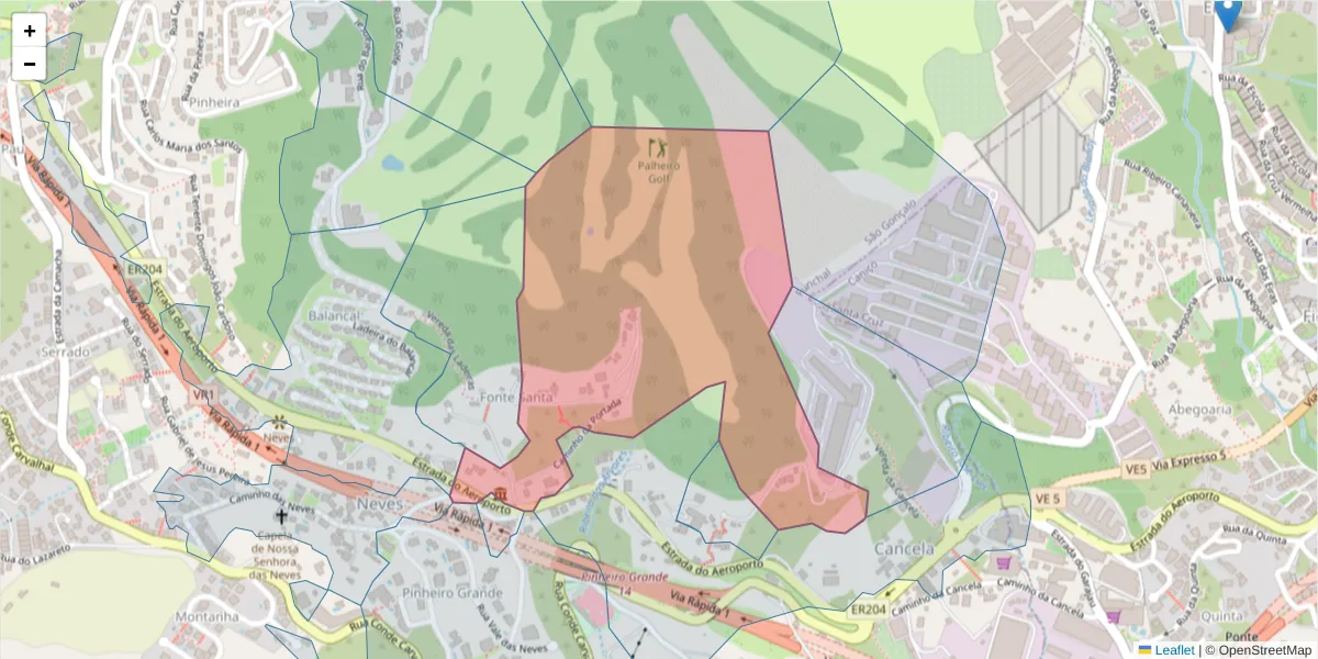 Mapa detalhado do código postal 9060-245 com limites, códigos postais vizinhos e agências dos correios