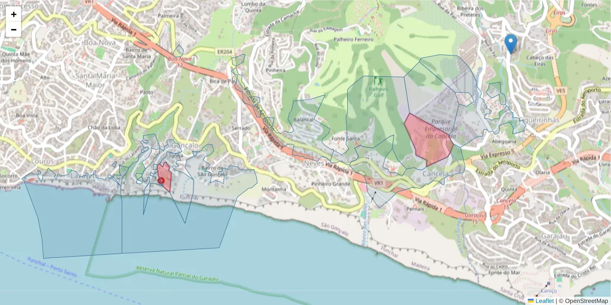 Mapa detalhado do código postal 9060-258 com limites, códigos postais vizinhos e agências dos correios