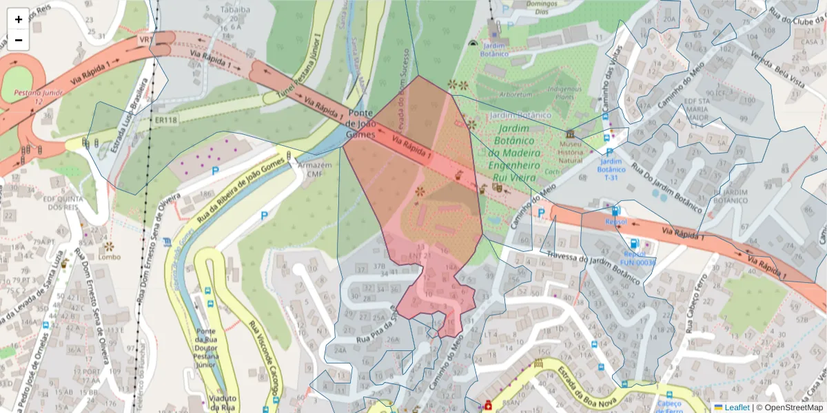 Mapa detalhado do código postal 9060-259 com limites, códigos postais vizinhos e agências dos correios