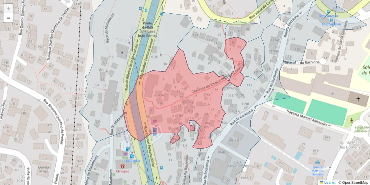 Mapa detalhado do código postal 9060-264 com limites, códigos postais vizinhos e agências dos correios