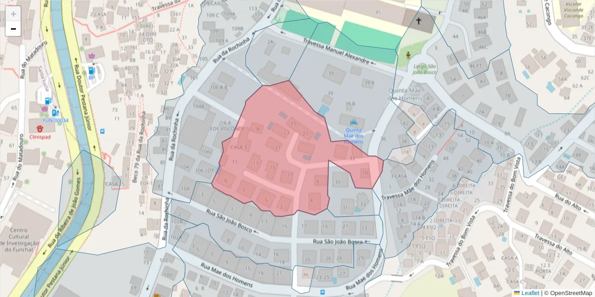 Mapa detalhado do código postal 9060-275 com limites, códigos postais vizinhos e agências dos correios