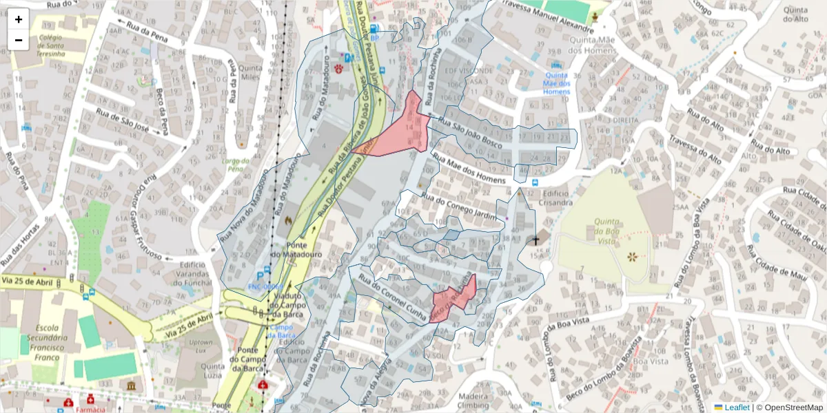 Mapa detalhado do código postal 9060-279 com limites, códigos postais vizinhos e agências dos correios