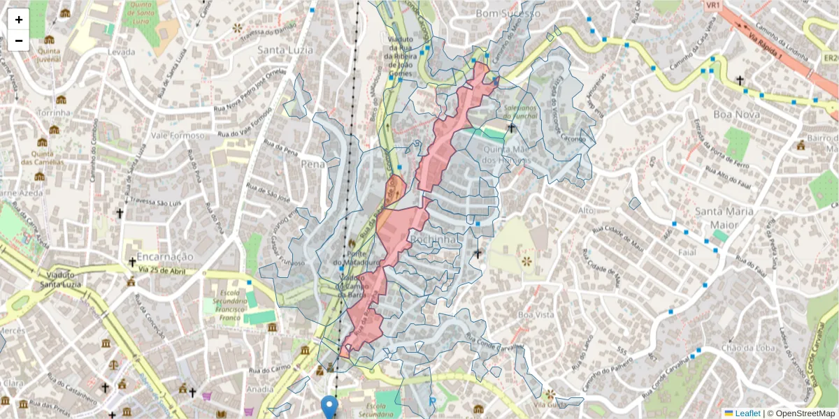 Mapa detalhado do código postal 9060-280 com limites, códigos postais vizinhos e agências dos correios