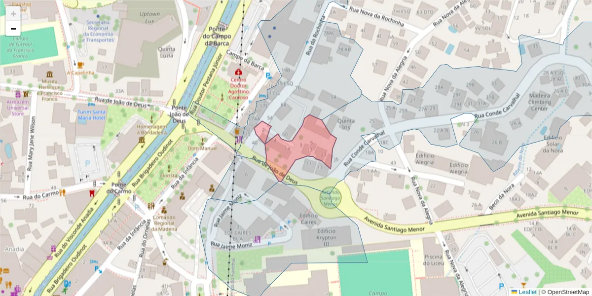 Mapa detalhado do código postal 9060-281 com limites, códigos postais vizinhos e agências dos correios
