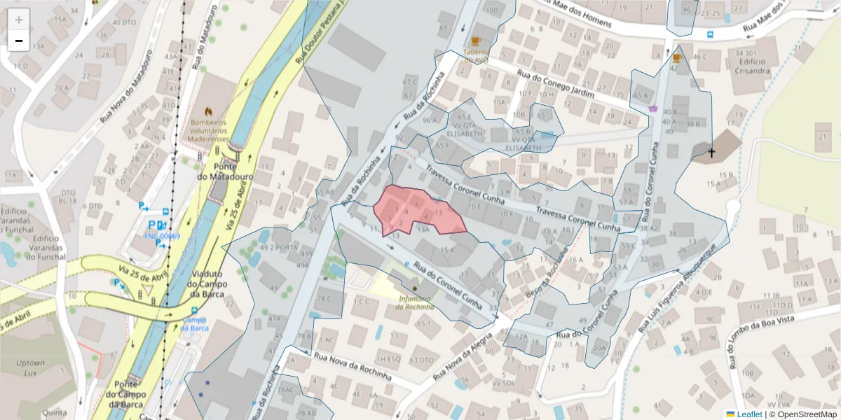 Mapa detalhado do código postal 9060-283 com limites, códigos postais vizinhos e agências dos correios