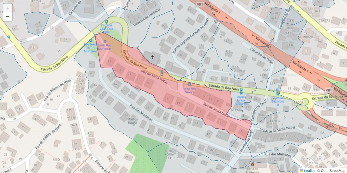 Mapa detalhado do código postal 9060-289 com limites, códigos postais vizinhos e agências dos correios