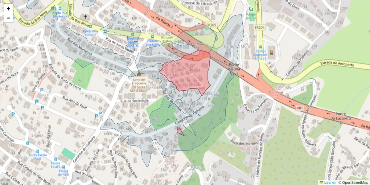 Mapa detalhado do código postal 9060-290 com limites, códigos postais vizinhos e agências dos correios