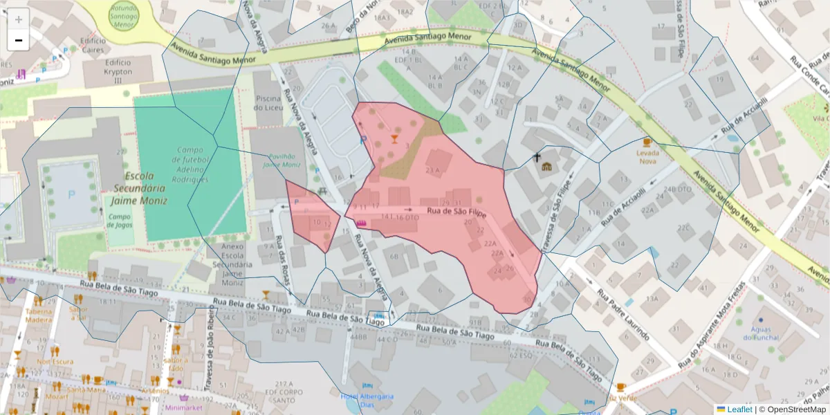 Mapa detalhado do código postal 9060-292 com limites, códigos postais vizinhos e agências dos correios