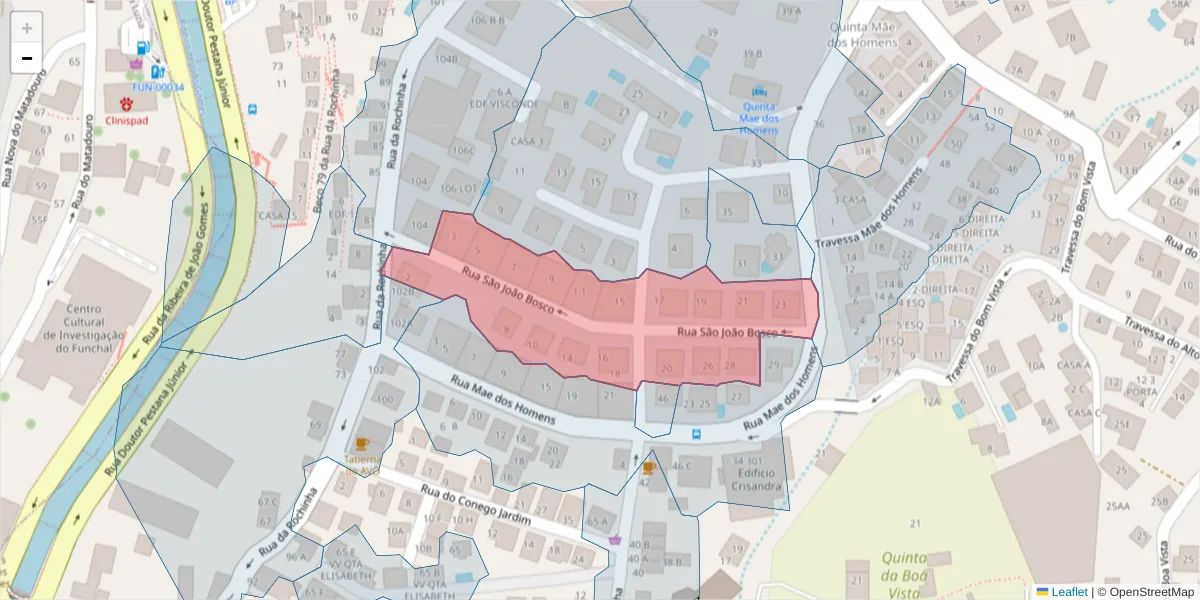 Mapa detalhado do código postal 9060-296 com limites, códigos postais vizinhos e agências dos correios